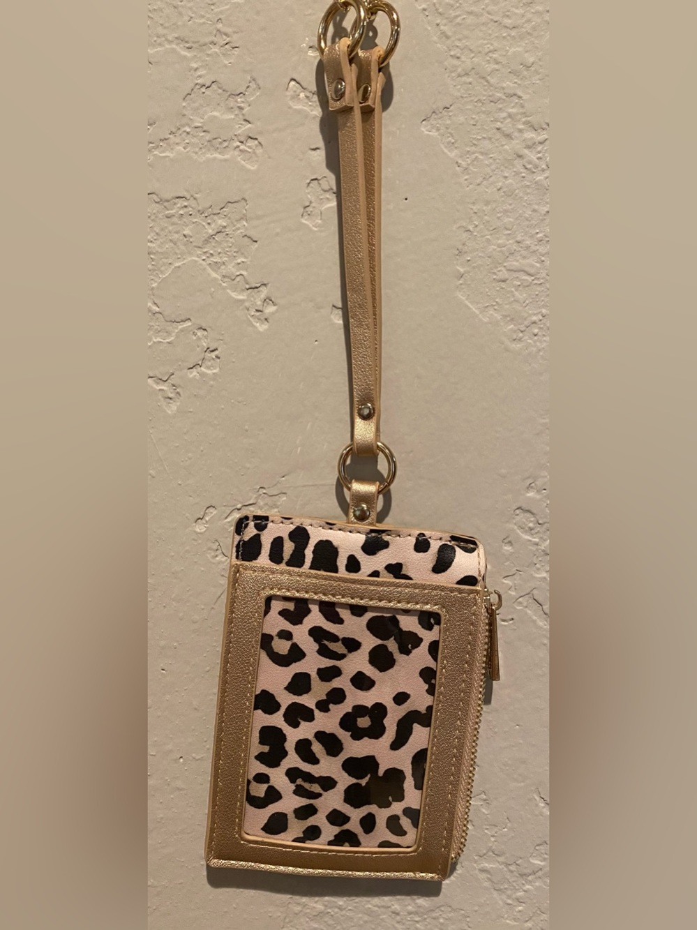 Wristlet Card Holder Wallet on chain. ID window w/ zipper pouch. Leopard & gold.